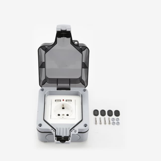 Vedenpitävä seinäpistorasia kannella, 2 USB-porttia Harmaa