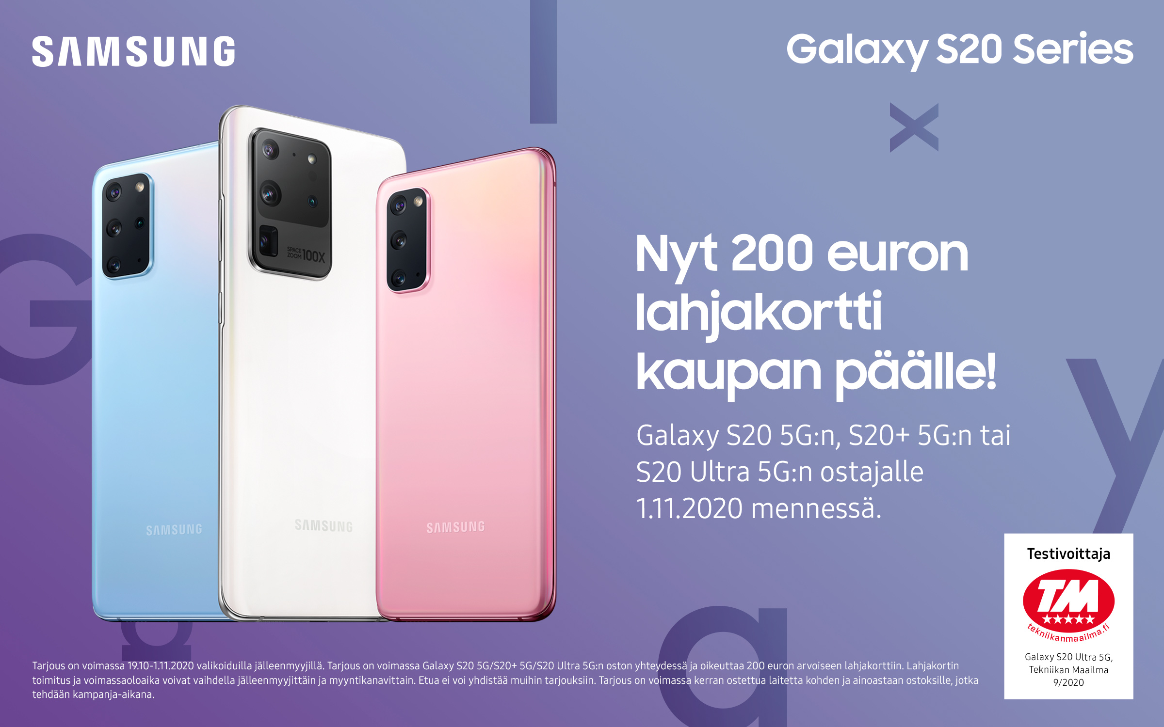 Samsung Galaxy S20 -sarja Erivärisiä Samsung Galaxy S20 FE 5G -puhelimia.