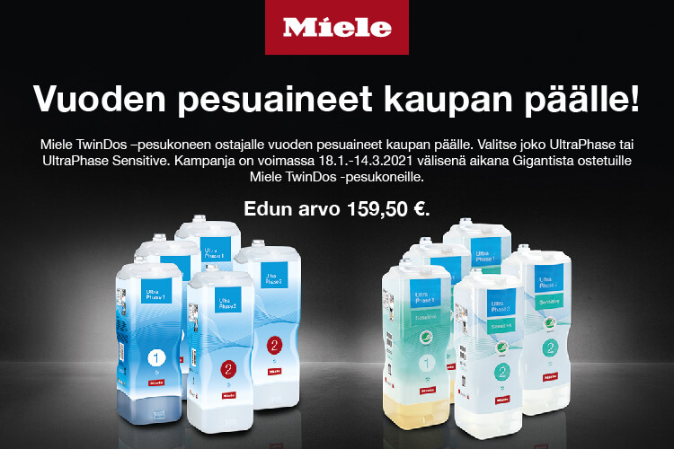 Miele TwinDos-pyykinpesukoneen ostajalle vuoden pesuaineet kaupan päälle