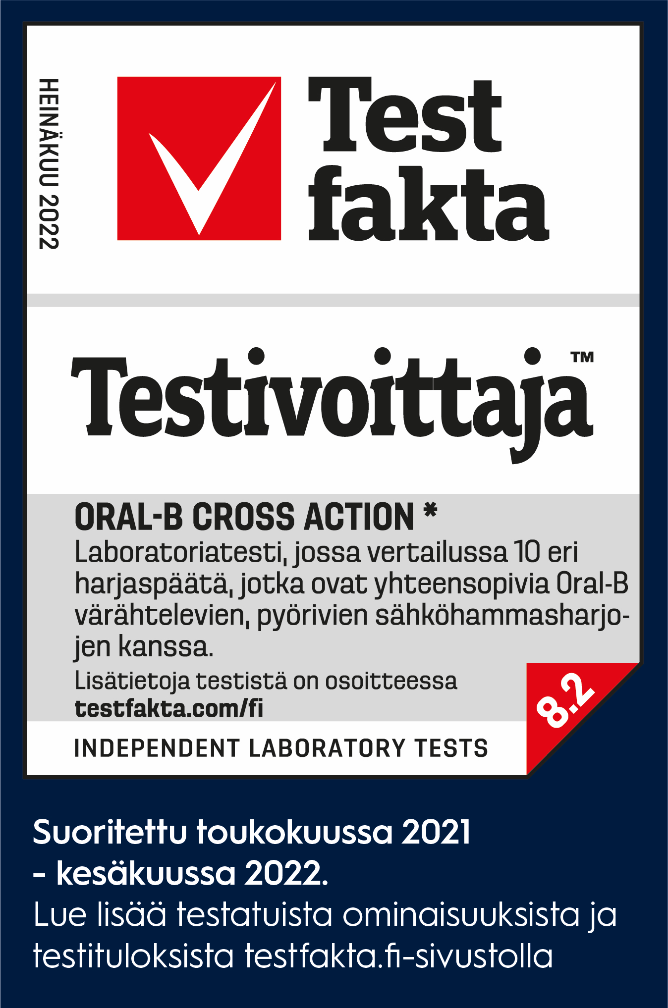 *Testfakta Research on testannut ja verrannut kymmenen harjaspäätä, jotka sopivat Oral-B:n värähteleviin, pyöriviin sähköhammasharjoihin. CrossAction oli testin parhaaksi nimetty harjaspää. 