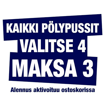 Tarjous aktivoituu automaattisesti ostoskorissa. "Lue lisää" -linkistä pääset pölypussivalikoimaan.