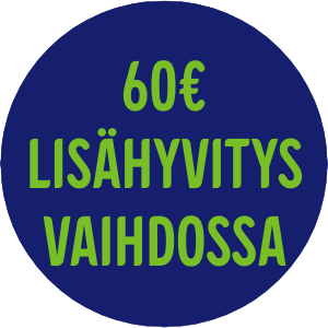 *Osta nyt uusi iPhone 13, iPhone 14 tai iPhone 14 Plus ja tuo vanha iPhonesi meille vaihdossa, niin saat lisähyvityksen normaalin vaihtohyvityksen lisäksi. Vaihdossa annettavan laitteen tulee olla ehjä ja toimintakuntoinen iPhone X tai uudempi. Saat vanhasta iPhonestasi normaalin vaihtohyvityksen, sekä 60 € lisähyvityksen. Kampanja voimassa vain myymälöissä 6.5.-2.6.2024. Katso tarkemmat ehdot linkistä. Ei koske Outlet-tuotteita.