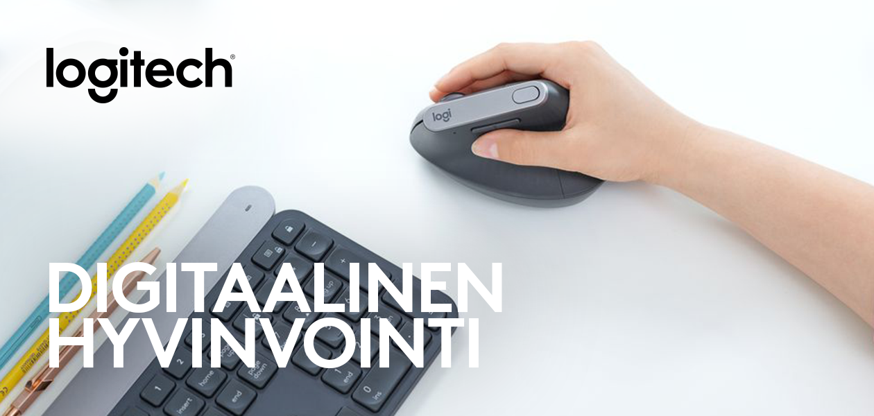 Ergonomiset hiiret ja näppäimistöt Logitechiltä Käsi pitelee ergonomista hiirtä näppäimistön vieressä.