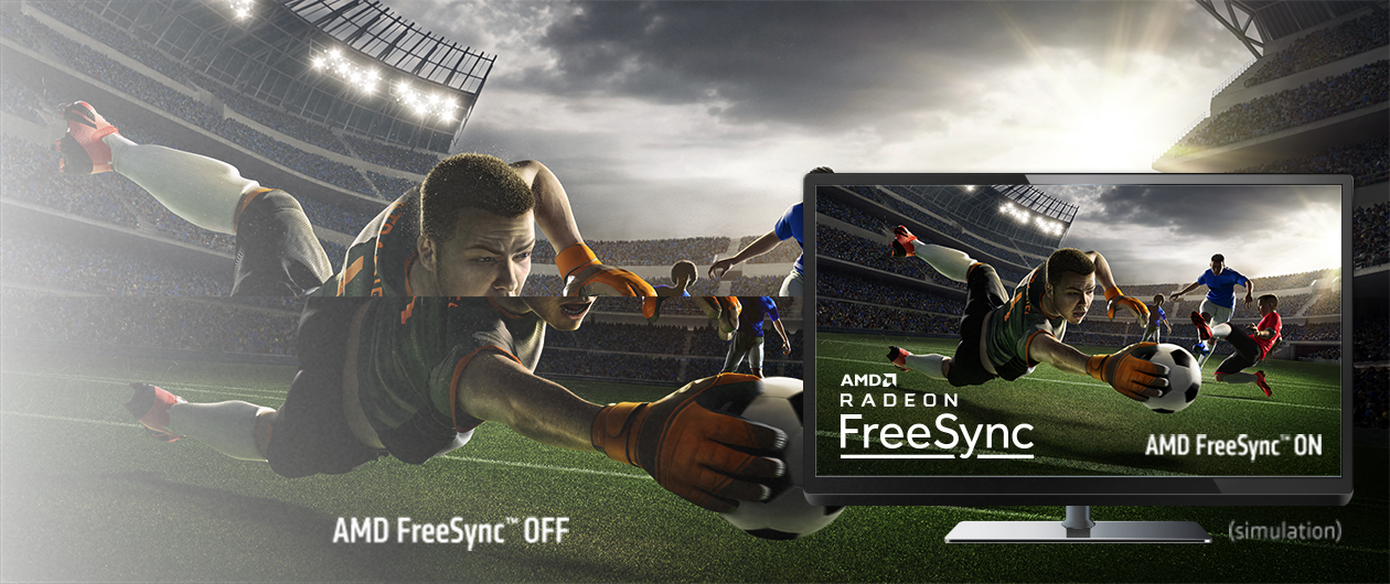 Vaikuttavaa suorituskykyä pelaamiseen ja kuvankäsittelyyn Kaksi näyttökuvaa vierekkäin näyttävät eron kuvanlaadussa, kun käytetään AMD FreeSync -teknologiaa. FreeSynciä käytettäessä kuva on huomattavasti terävämpi.