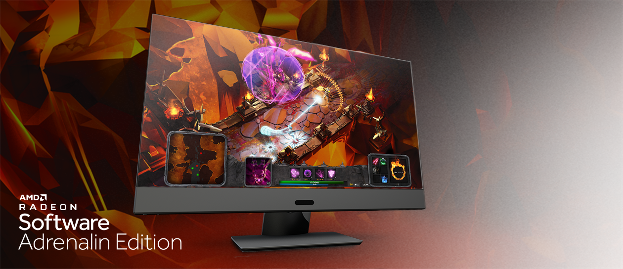 SSD-muistin nopeus ja kovalevyn tilavuus Tietokoneen näyttö, jolla näkyy värikästä pelikuvaa. Näytön vieressä englanninkielinen teksti ’AMD Radeon Software Adrenalin Edition’.
