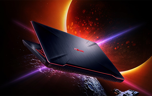 ASUS TUF Gaming FX504 -kannettava ASUS TUF Gaming FX504 -kannettava avaruusteemaisella taustalla.
