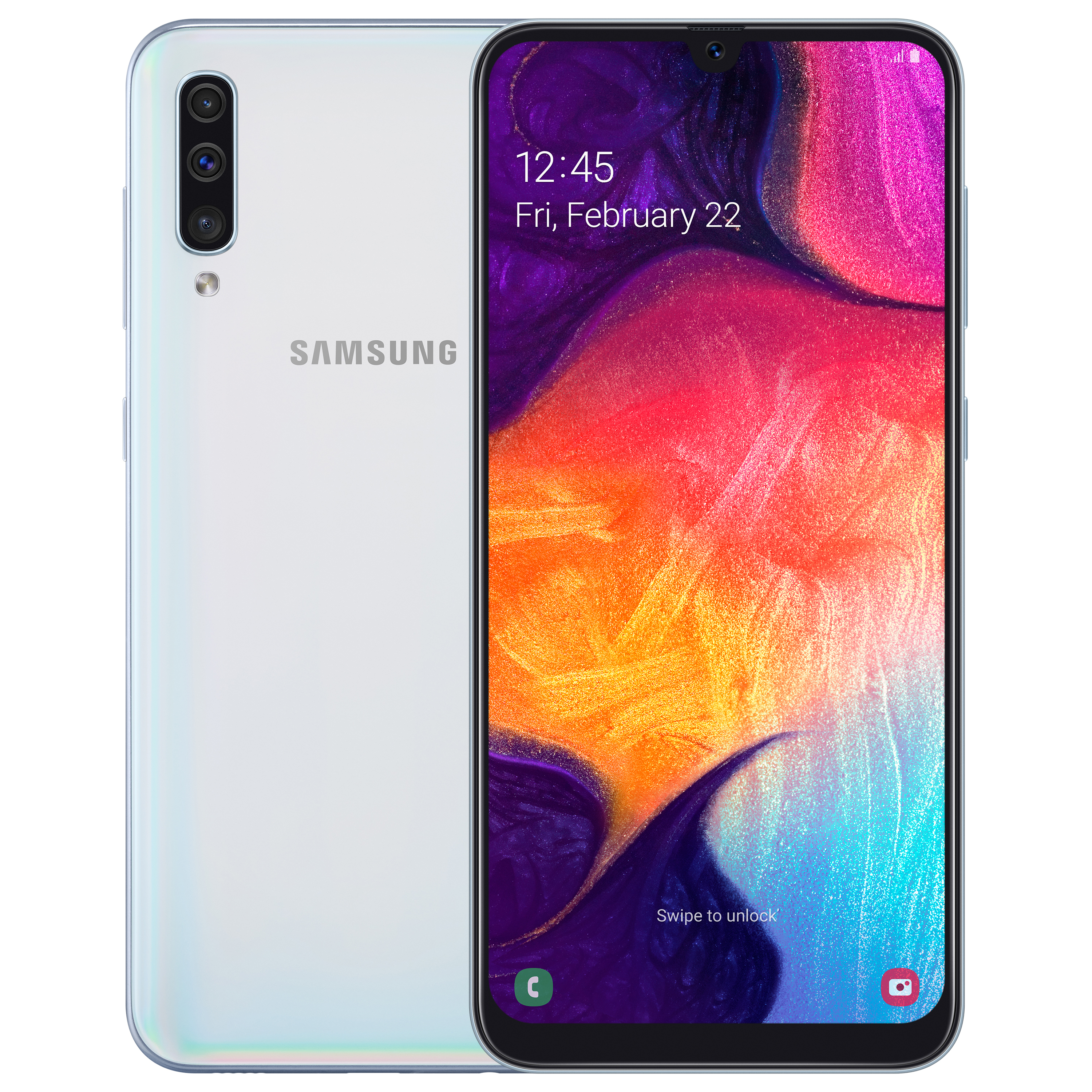 Samsung Galaxy A50 on kauniisti muotoiltu Valkoinen Samsung Galaxy A50 -älypuhelin
