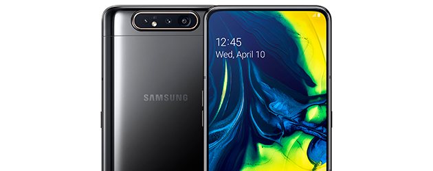 Samsung Galaxy A80 Samsung Galaxy A80 on upean näköinen puhelin pitkällä akunkestolla.