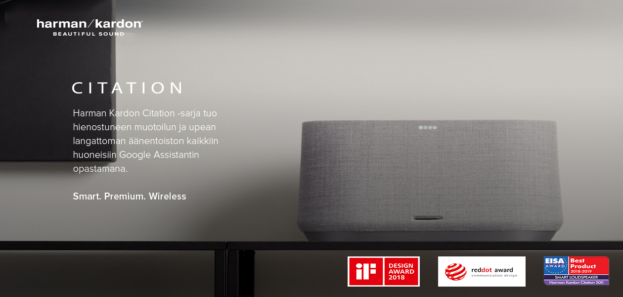 Harman Kardonin Citation-sarja hurmaa skandinaavisella muotoilullaan Kaiutin pöydällä television vieressä