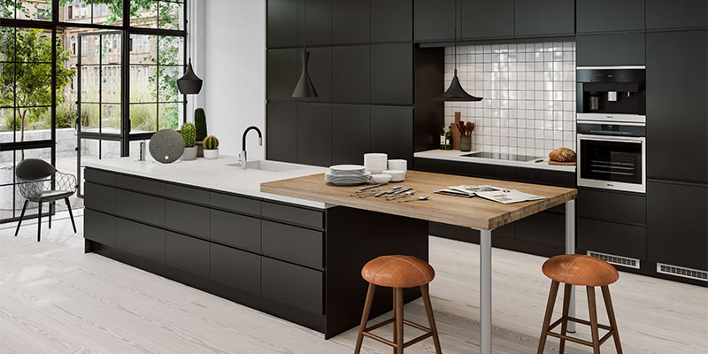 Integra Black on elegantti, syvän musta keittiömalli, joka sopii moderniin kotiin Musta vetimetön keittiö – Integra Black Epoqilta