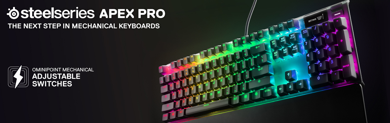 SteelSeries Apex Pro SteelSeries Apex Pro -näppäimistö mustalla taustalla.