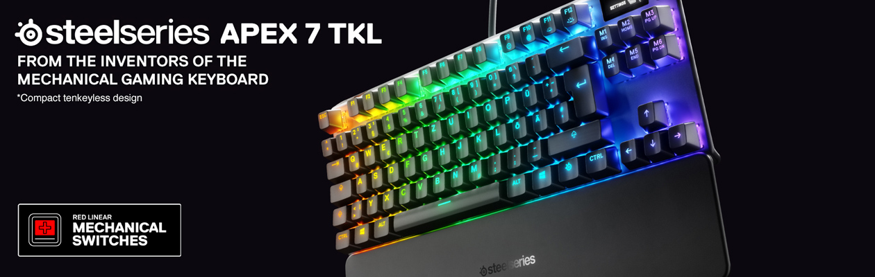 SteelSeries Apex 7 TKL SteelSeries Apex 7 TKL -pelinäppäimistö mustalla taustalla.