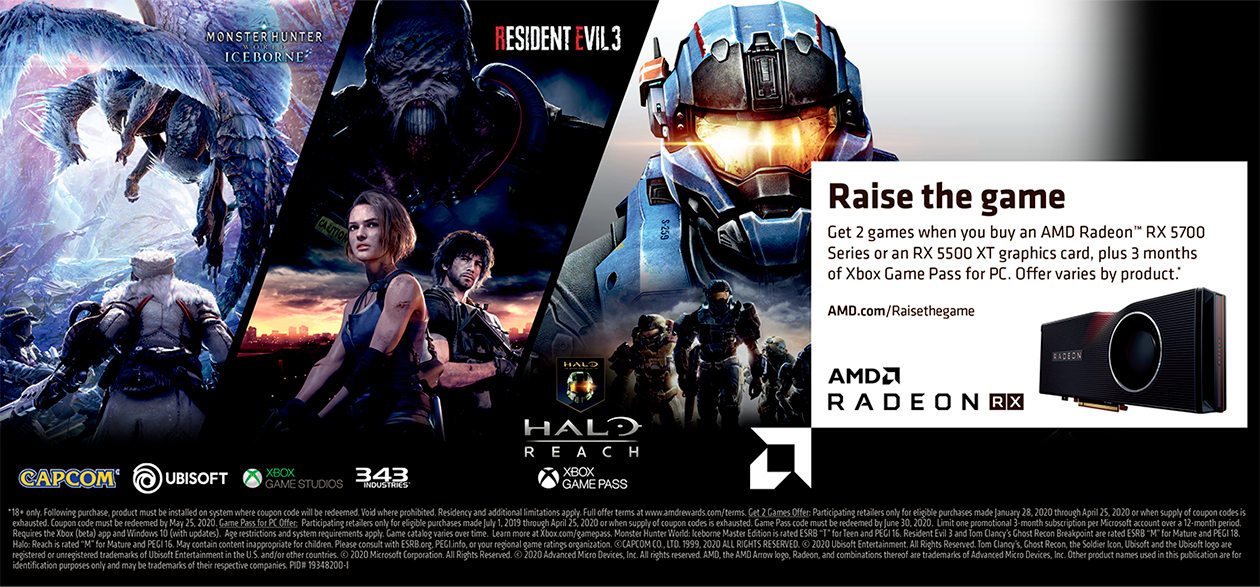 Osta AMD Radeon RX 5700 -näytönohjain ja saat Xbox Game Passin PC:lle sekä Resident Evil 3 tai Monsterhunter World Iceborne -pelin kaupanpäälle. AMD Radeon RX 5700 -kampanja