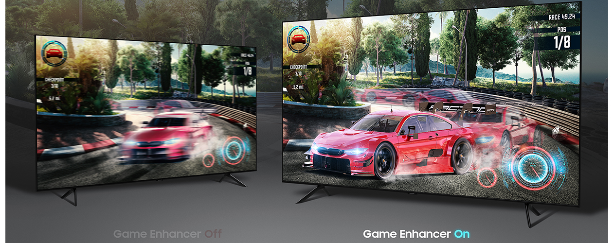 Game Enhancer korostaa yksityiskohtia tummilla ja kirkkailla alueilla Televisiot, joista näkee terävyyseron Gaming Enhancer -teknologialla varustetun ja varustamattoman television välillä