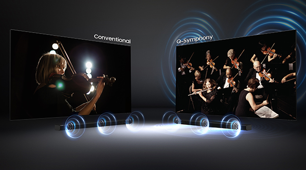 Samsungin soundbarilla saat QLED-televisiolle täydellisen äänentoiston Kaksi QLED-televisioita ja muusikkoja
