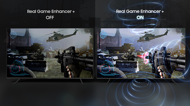 Real Game Enhancer+ asettaa laitteen automaattisesti alhaisen viiveen pelitilaan Sotapeli kahdella televisiolla, joista toisessa on Real Game Enhancer+ ja toisessa ei
