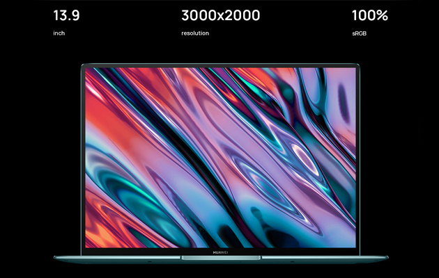 Huawei Matebook X Pro näyttö Huawei Matebook X Pro 2020, jonka näytöllä näkyy värikäs taustakuva