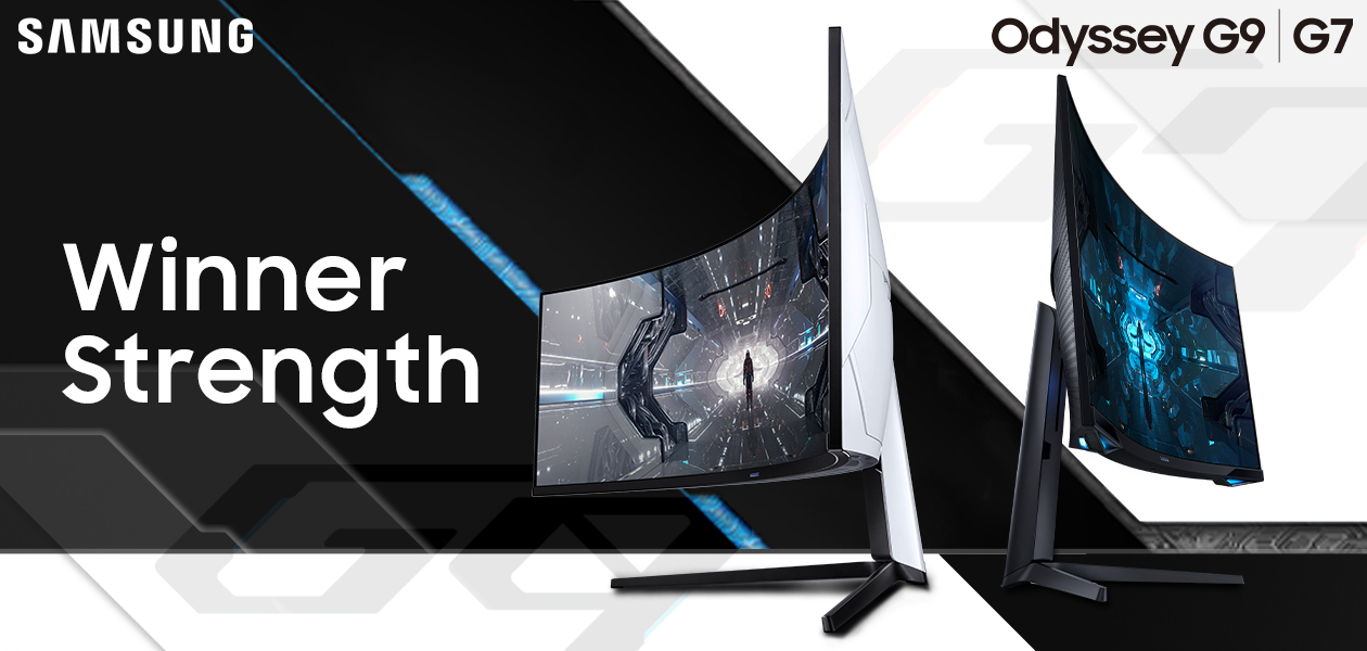 Samsung Odyssey G7 ja G9 Samsung Odyssey G7 ja G9 vierekkäin sekä teksti Winner Strength
