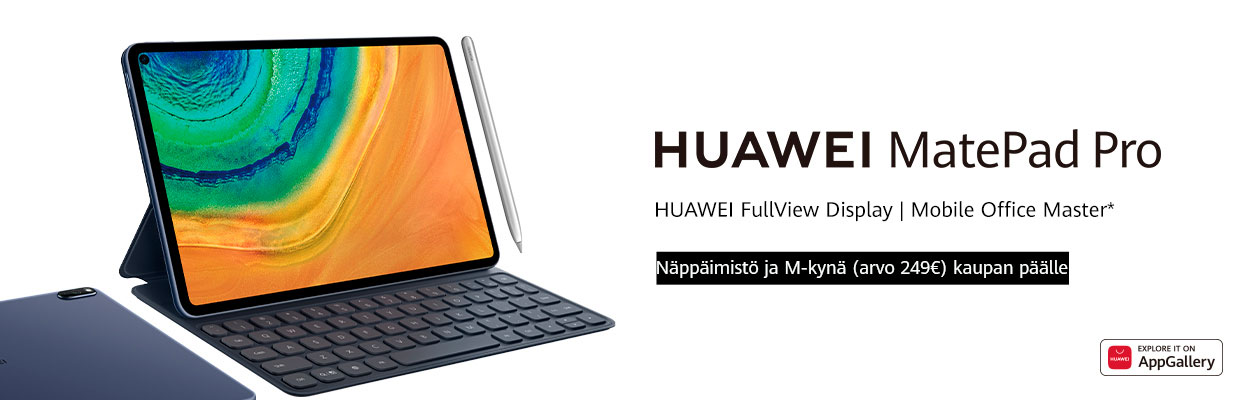 osta Huawei MatePad Pro ennen 31. Elokuuta 2020, ja saat näppäimistön, sekä M-Pencil-kynän (arvo 249€) kaupan päälle Huawei MatePad Pro, näppäimistö ja M-Pencil