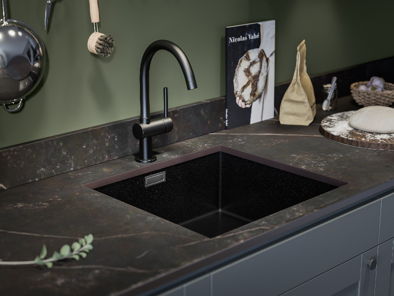 Dekton-työtaso Shaker Steel Grey -keittiössä Shaker Steel Grey -keittiö, jossa Dekton-työtaso
