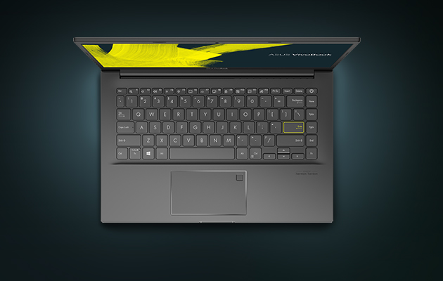 Haluamaasi muotoilua Musta ASUS Vivobook S14 yläpuolelta kuvattuna
