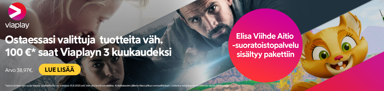 Osta valittuja tuotteita vähintään 100€ arvosta ja saat Viaplayn kolmeksi kuukaudeksi. Banneri, jossa tietoa Viaplay-kampanjasta