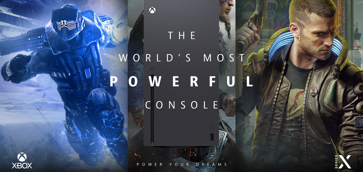 Xbox Series X ja Series S Kuvakaappaukset kadesta eri Xbox-pelistä ja englanninkielinen teksti The world’s most powerful console.