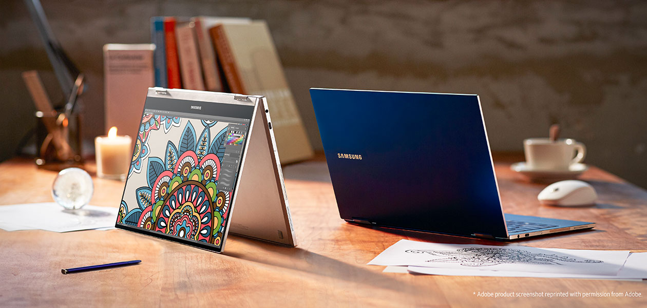 Windowsin Premium-tietokoneet ovat Samsung Galaxy Book, jonka näytöllä on piirustusohjelmalla luotu henna-kuvio