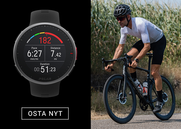 Tyylikäs ulkoa, älykäs sisältä. Polar Vantage V2 on kaikkea, mitä voit toivoa multisportkellolta! Polar Vantage V2 pyöräilevän miehen ranteessa
