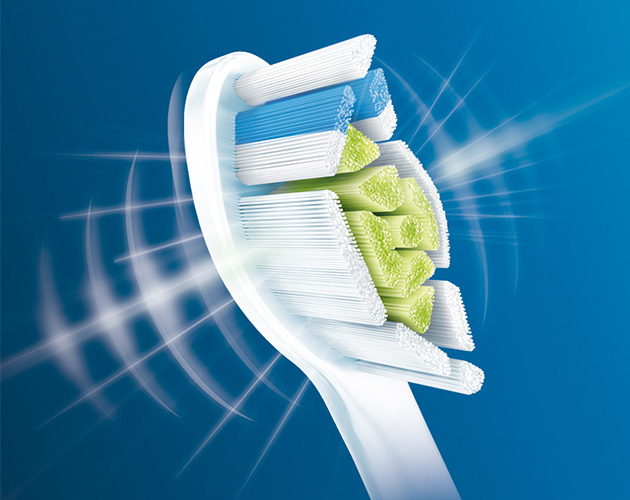 Patentoitu Sonicare-teknologia Philips-sähköhammasharja sinistä taustaa vasten
