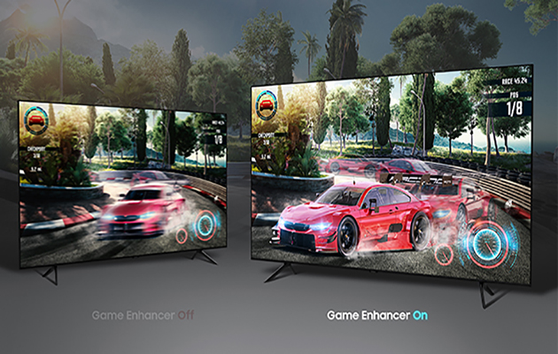 Game Enhancer korostaa yksityiskohtia vaaleissa ja tummissa alueissa Kaksi televisiota, jotka näyttävät terävyyseron Gaming enhancer -teknologian kanssa ja ilman.