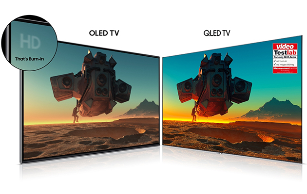 QLED:illa on 10 vuoden näytönpalamis-vauriotakuu Kaksi televisiota, toisessa on näytönpalamisvakuutus ja toisessa ei