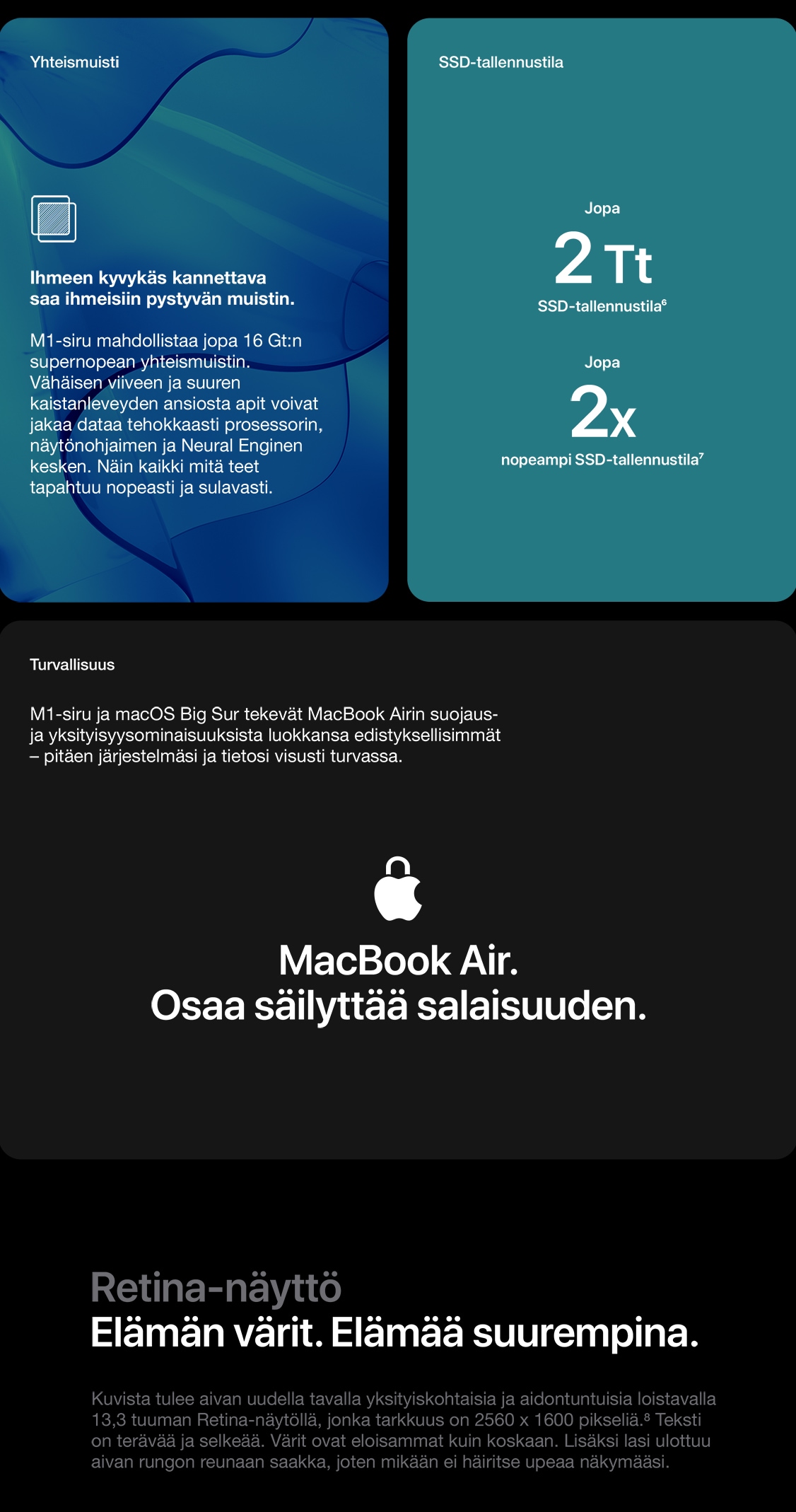 Macbook Air tarjoaa kaiken mitä premium-tason kannettavalta voi odottaa. Ja enemmän. Uudessa Retina-näytössä on silmiinpistävän terävä kuvanlaatu, upea värientoisto ja kirkkaus. 