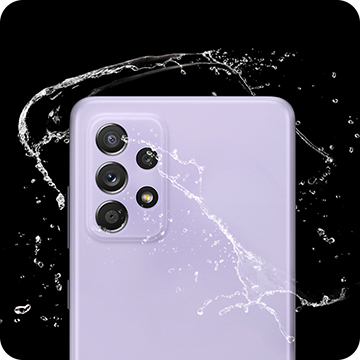 Galaxy A52 5G kestää hyvin sekä vettä että pölyä IP67-luokituksen mukaisesti Samsung Galaxy A52 5G -älypuhelin ja vesiroiskeita.