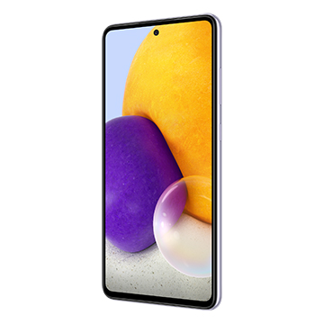 6,7 tuuman sAMOLED Infinity-O -näyttö, jonka virkistystaajuus on 90 Hz Samsung Galaxy A72 -älypuhelin viistosti edestäpäin kuvattuna.