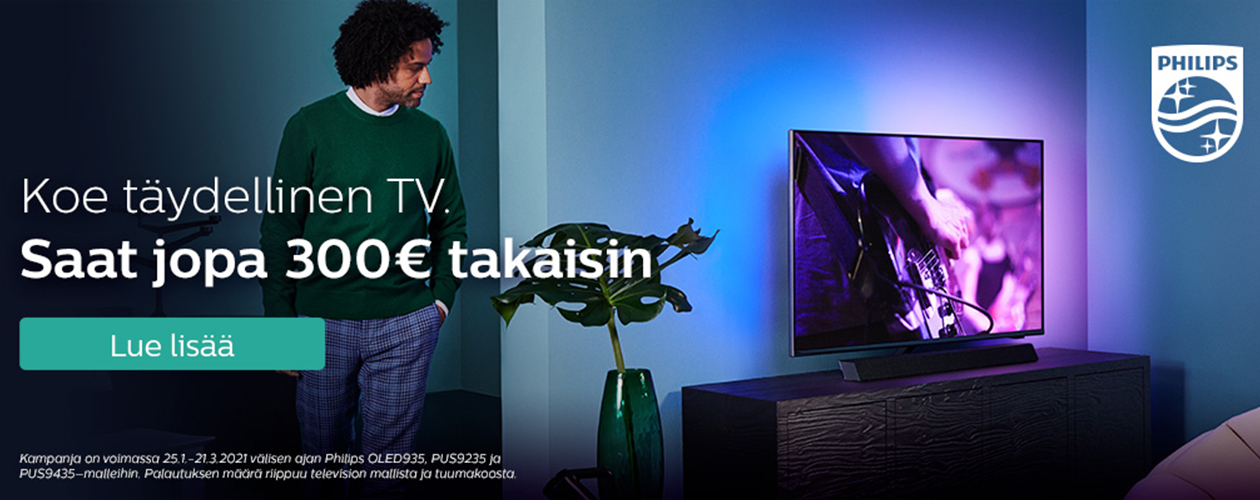 Saa takaisin jopa 300 euroa, kun ostat kampanjaan kuuluvan Philips-television Mies, television ja tietoa Philips-kampanjasta