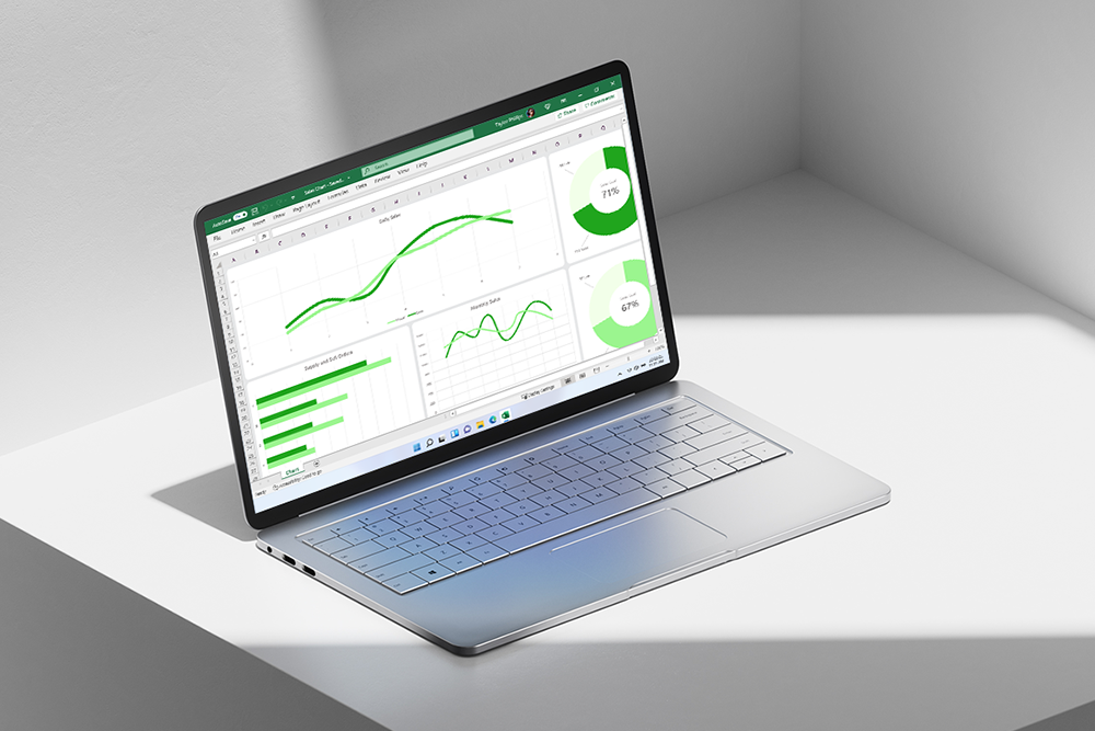 Microsoft 365 Windows 11-tietokone, jonka näytöllä näkyy Excel-tiedosto