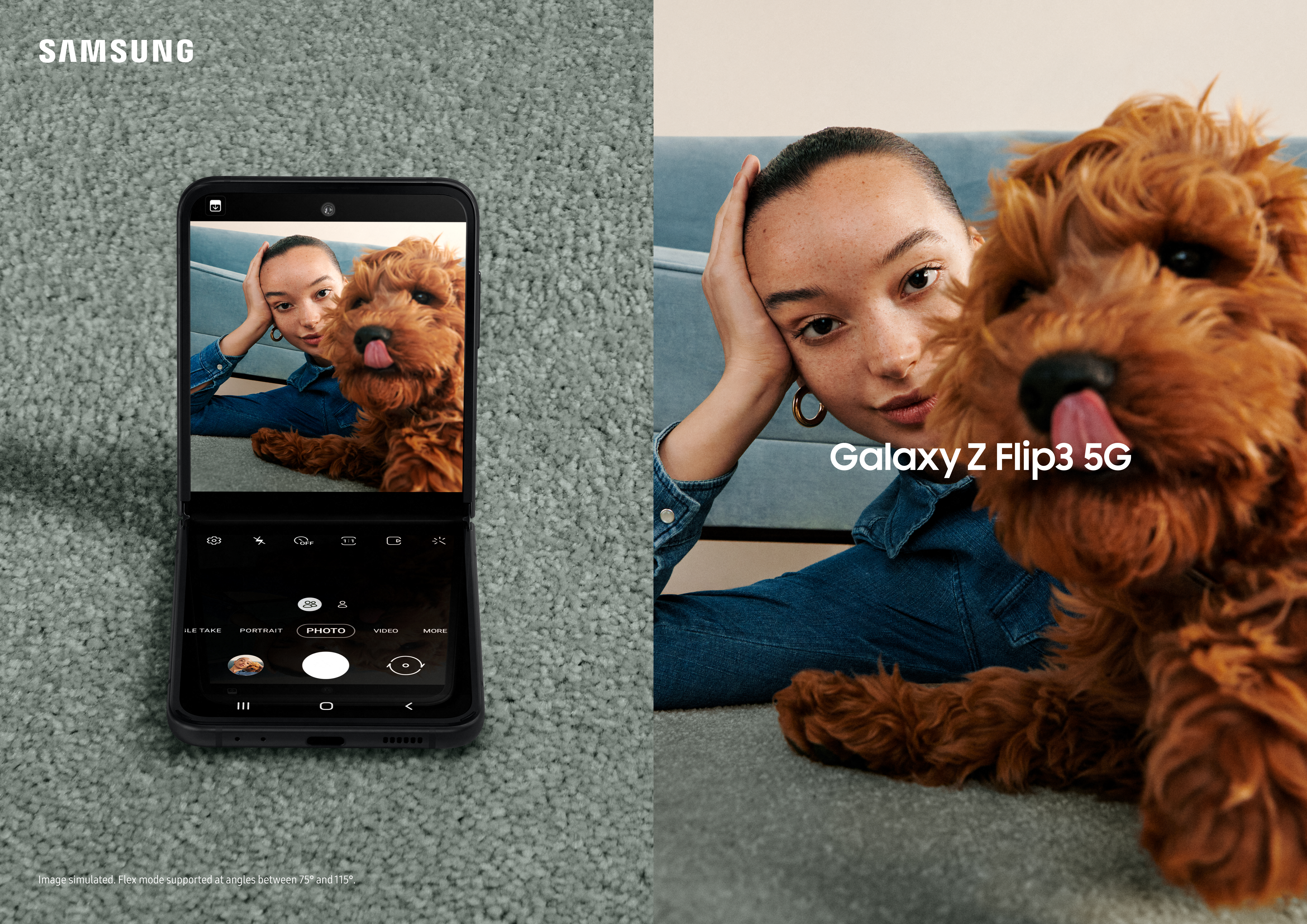 Galaxy Z Fold3 - aiempaa suurempi etunäyttö Nainen ottaa kuvan itsestään ja koirastaan