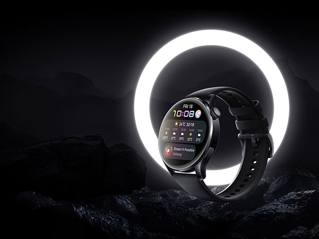 Kellossasi on SOS-hätäpuhelutoiminto Huawei Watch 3 på mustalla taustalla