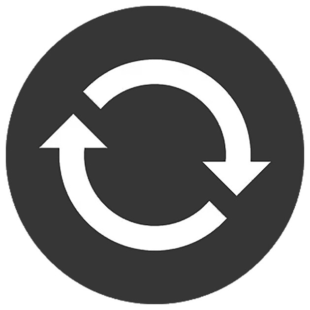 Dyson-korjauksen ja huollon logo, jossa kaksi valkoista nuolta mustan ympyrän sisällä