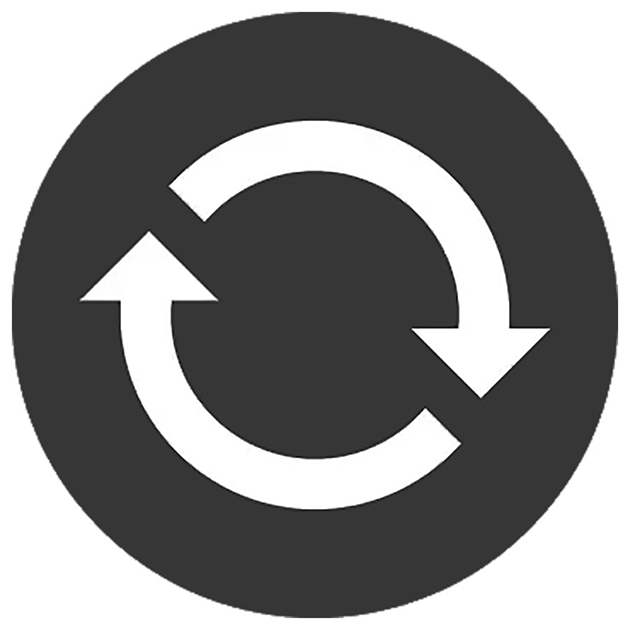Dyson - Ongelmaton takuu-aika Dyson-korjauksen ja huollon logo, jossa kaksi valkoista nuolta mustan ympyrän sisällä