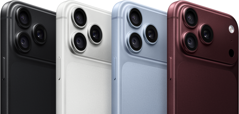 iPhone 18 Pro ‑laitteet rivissä, taustapuoli, kaikki neljä väriä: viininpunainen, jäätikönvärinen, hopea, musta, Pro Fusion ‑kamerajärjestelmä vasemmassa yläkulmassa, 3 linssiä, mikrofoni, salama