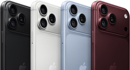 iPhone 18 Pro ‑laitteet rivissä, taustapuoli, kaikki neljä väriä: viininpunainen, jäätikönvärinen, hopea, musta, Pro Fusion ‑kamerajärjestelmä vasemmassa yläkulmassa, 3 linssiä, mikrofoni, salama