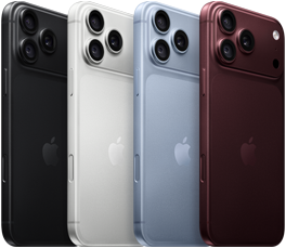 iPhone 18 Pro ‑laitteet rivissä, taustapuoli, kaikki neljä väriä: viininpunainen, jäätikönvärinen, hopea, musta, Pro Fusion ‑kamerajärjestelmä vasemmassa yläkulmassa, 3 linssiä, mikrofoni, salama