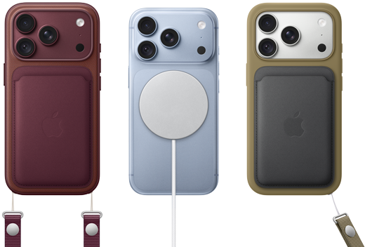 Vasemmalta oikealle, iPhone 18 Pro viininpunaisessa nahkakuoressa viininpunaisella olkahihnalla, keskellä jäätikönvärinen iPhone 18 Pro, johon on kiinnitetty valkoinen MagSafe-laturi, oikealla hopeanvärinen iPhone 18 Pro vihreässä nahkalompakossa rannehihnalla