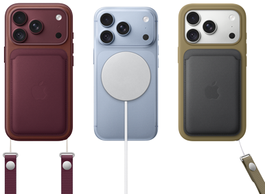 Vasemmalta oikealle, iPhone 18 Pro viininpunaisessa nahkakuoressa viininpunaisella olkahihnalla, keskellä jäätikönvärinen iPhone 18 Pro, johon on kiinnitetty valkoinen MagSafe-laturi, oikealla hopeanvärinen iPhone 18 Pro vihreässä nahkalompakossa rannehihnalla