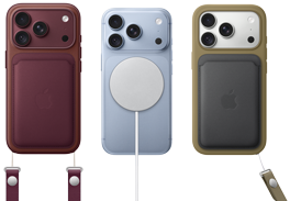 Vasemmalta oikealle, iPhone 18 Pro viininpunaisessa nahkakuoressa viininpunaisella olkahihnalla, keskellä jäätikönvärinen iPhone 18 Pro, johon on kiinnitetty valkoinen MagSafe-laturi, oikealla hopeanvärinen iPhone 18 Pro vihreässä nahkalompakossa rannehihnalla