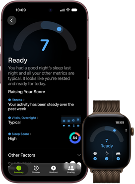 iPhone 18 Pro, musta, etupuoli, näkyvillä valmiustason tulokset (tulos 7), yhdistetty pariksi Apple Watchin kanssa, etupuoli, ruskea, näkyvillä sama Valmiustaso 7
