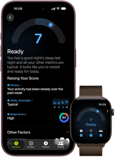 iPhone 18 Pro, musta, etupuoli, näkyvillä valmiustason tulokset (tulos 7), yhdistetty pariksi Apple Watchin kanssa, etupuoli, ruskea, näkyvillä sama Valmiustaso 7