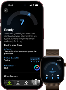 iPhone 18 Pro, musta, etupuoli, näkyvillä valmiustason tulokset (tulos 7), yhdistetty pariksi Apple Watchin kanssa, etupuoli, ruskea, näkyvillä sama Valmiustaso 7